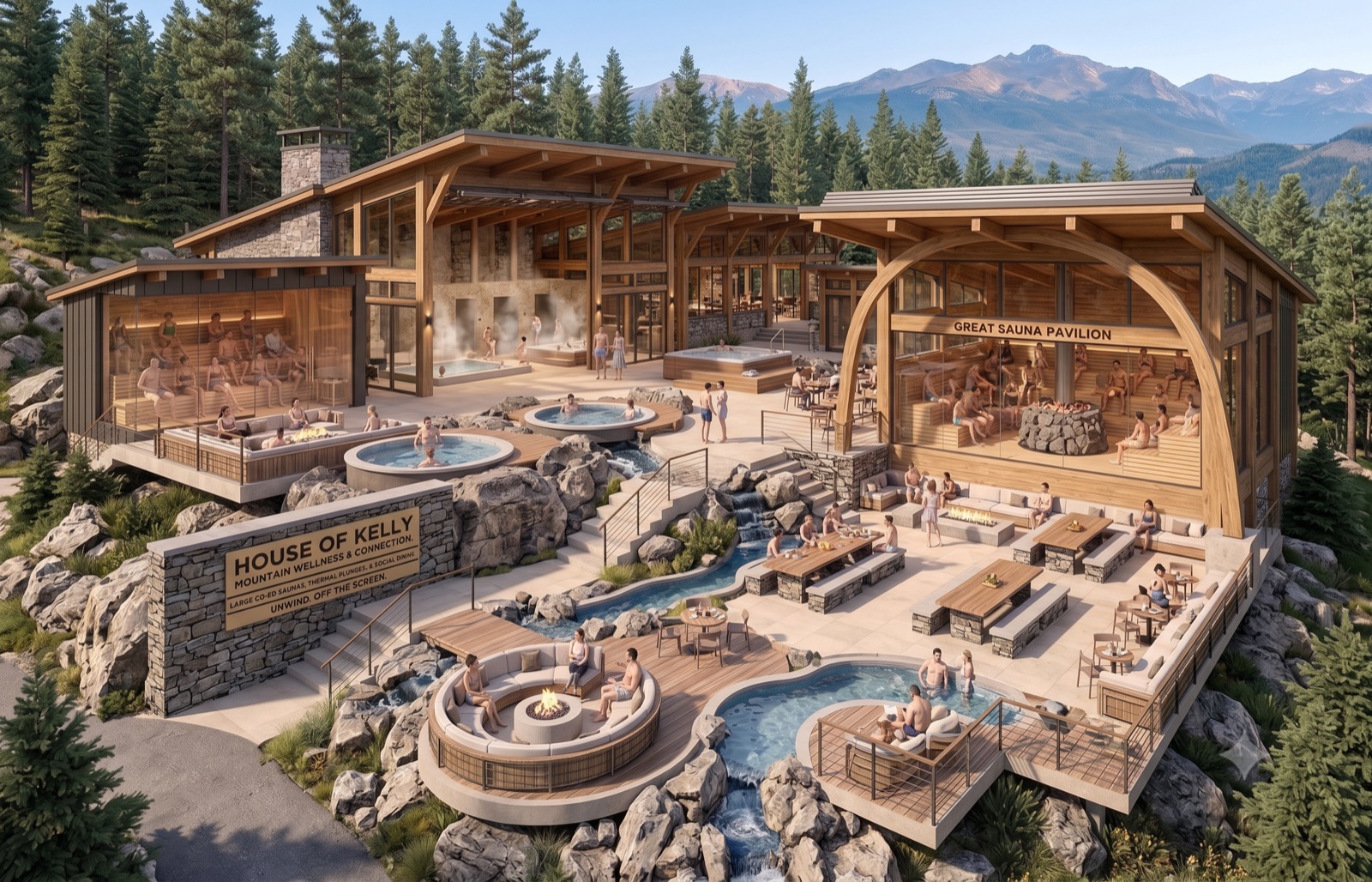Concept render of the Great Sauna Pavilion: a large communal sauna built around a central stone stove, with plunge pools and fire lounges outside.