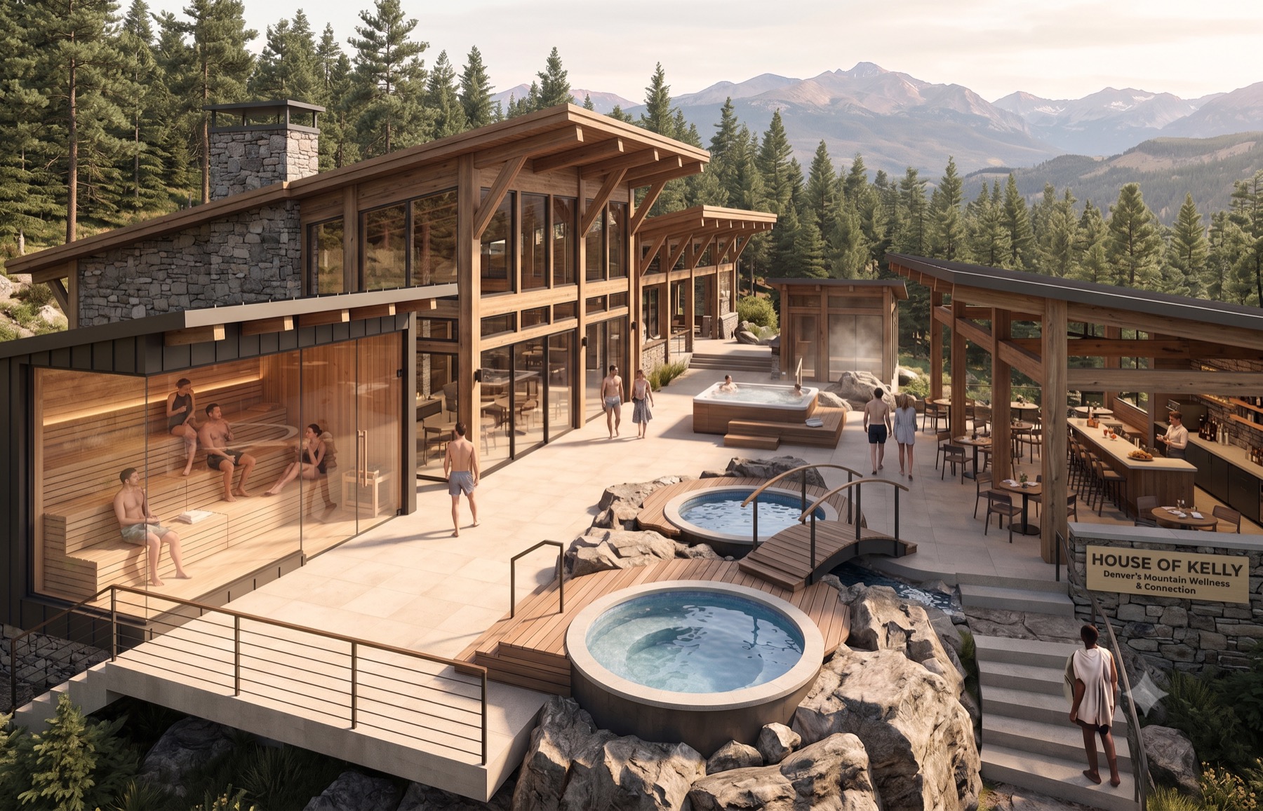 Concept render of The Frost Line: glass-walled sauna, cold stream and plunge pools, hot soaks, and a terrace bar built into a mountainside with Rocky Mountain views.